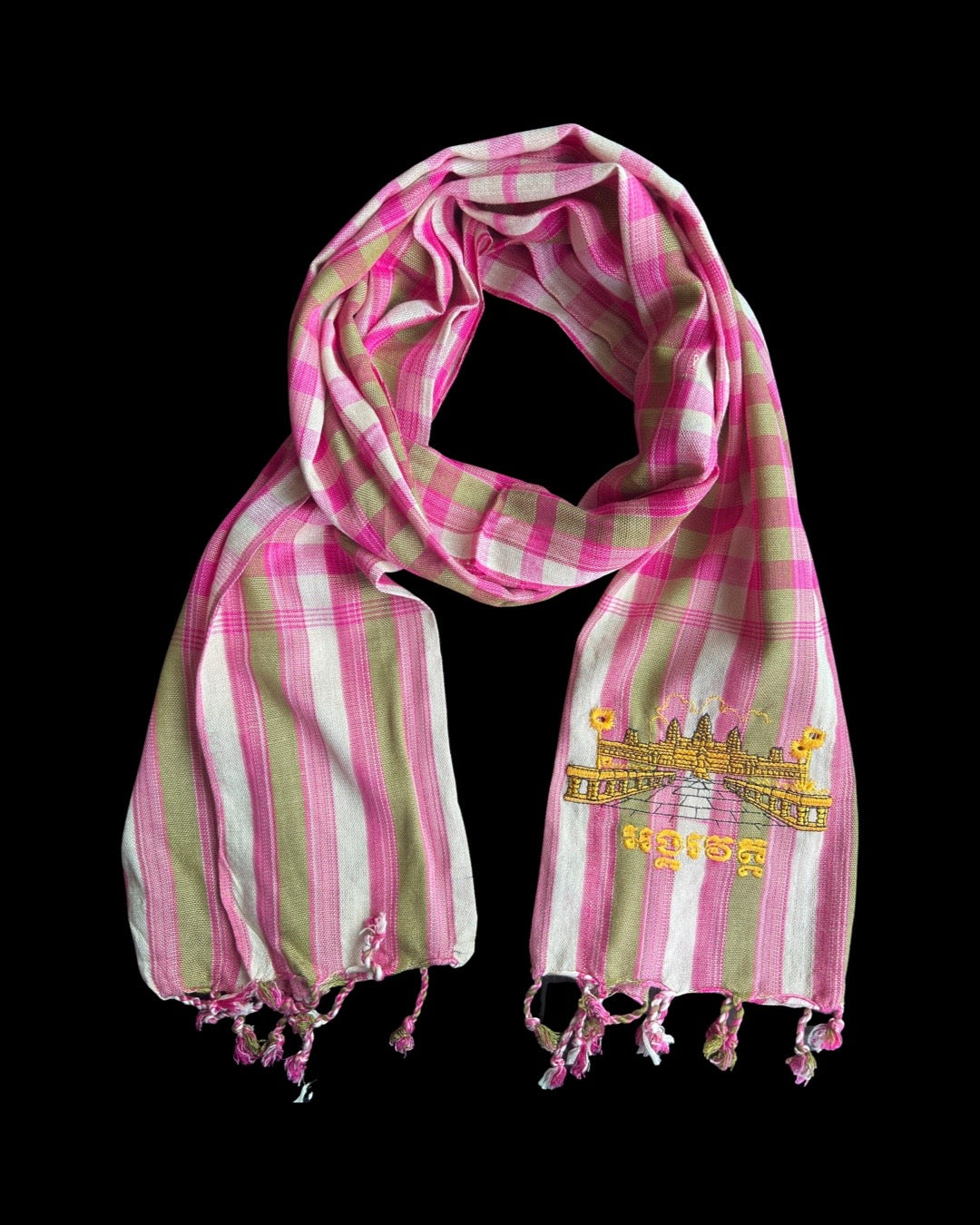 Cambodian Scarf Krama Assorted Embroidery Angkor Wat Apasra Hanuman Bayon