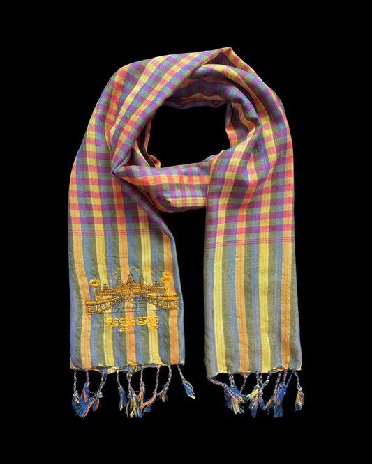 Cambodian Scarf Krama with Angkor Wat Embroidery