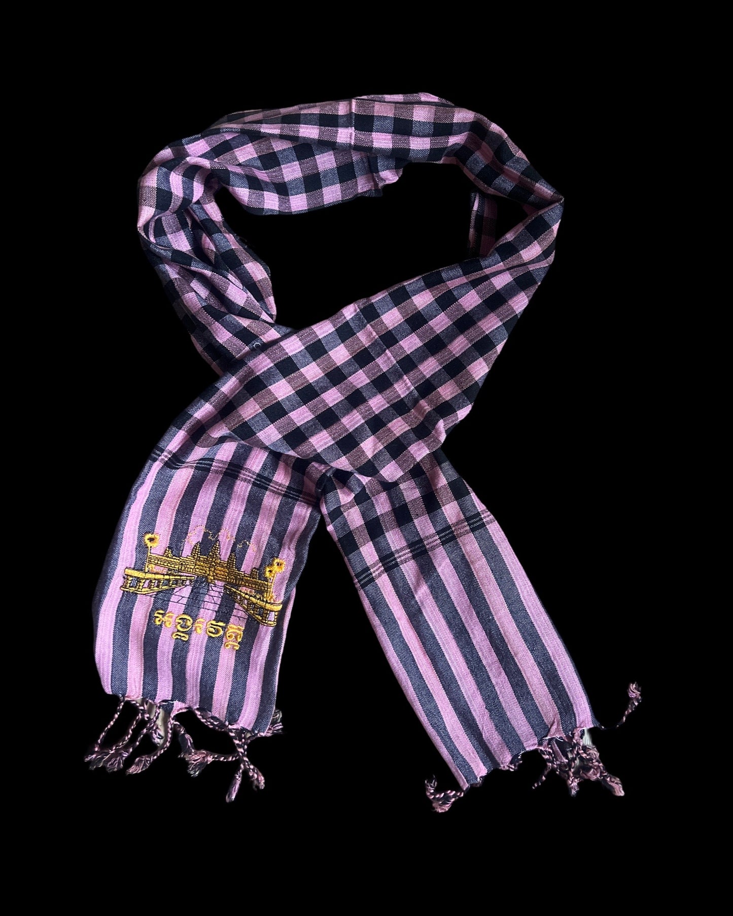 Cambodian Scarf Krama with Angkor Wat Embroidery