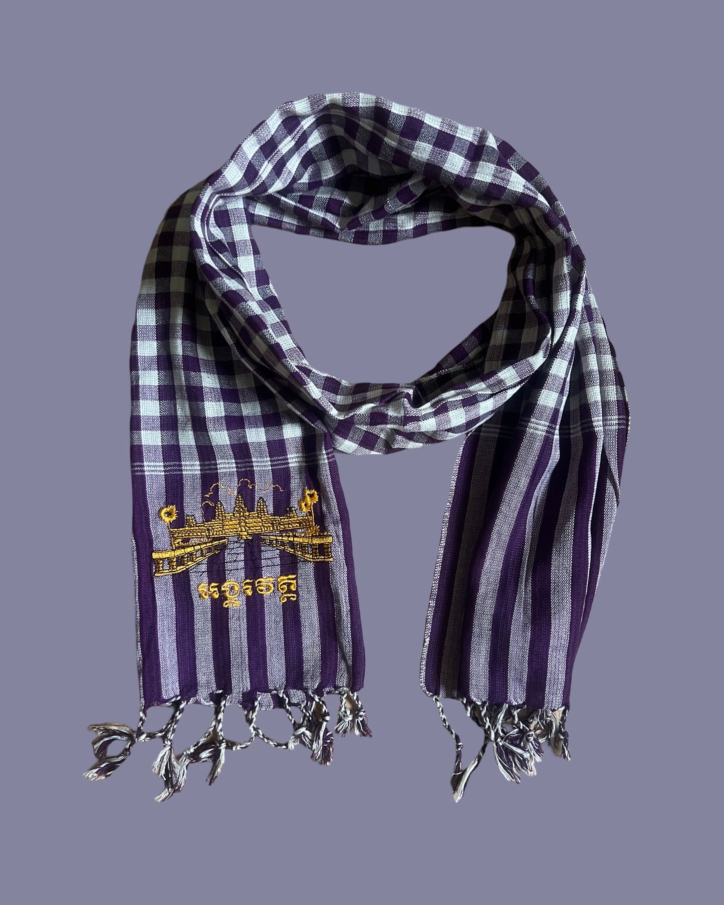 Cambodian Scarf Krama with Angkor Wat Embroidery