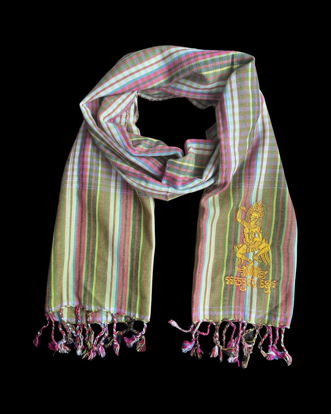 Cambodian Scarf Krama Assorted Embroidery Angkor Wat Apasra Hanuman Bayon