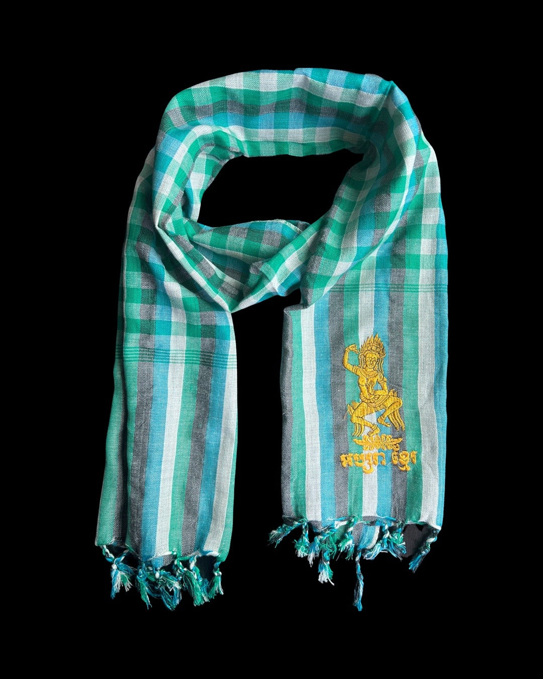 Cambodian Scarf Krama Assorted Embroidery Angkor Wat Apasra Hanuman Bayon