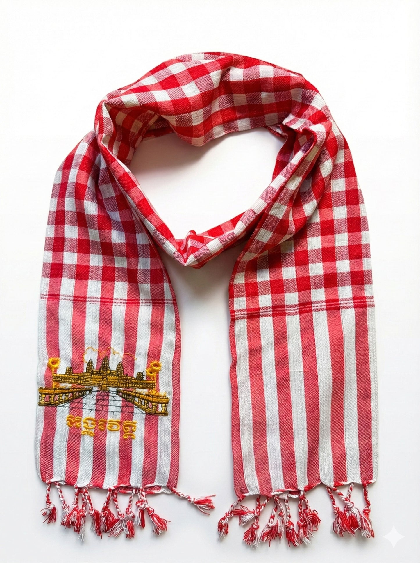 Cambodian Scarf Krama with Angkor Wat Embroidery