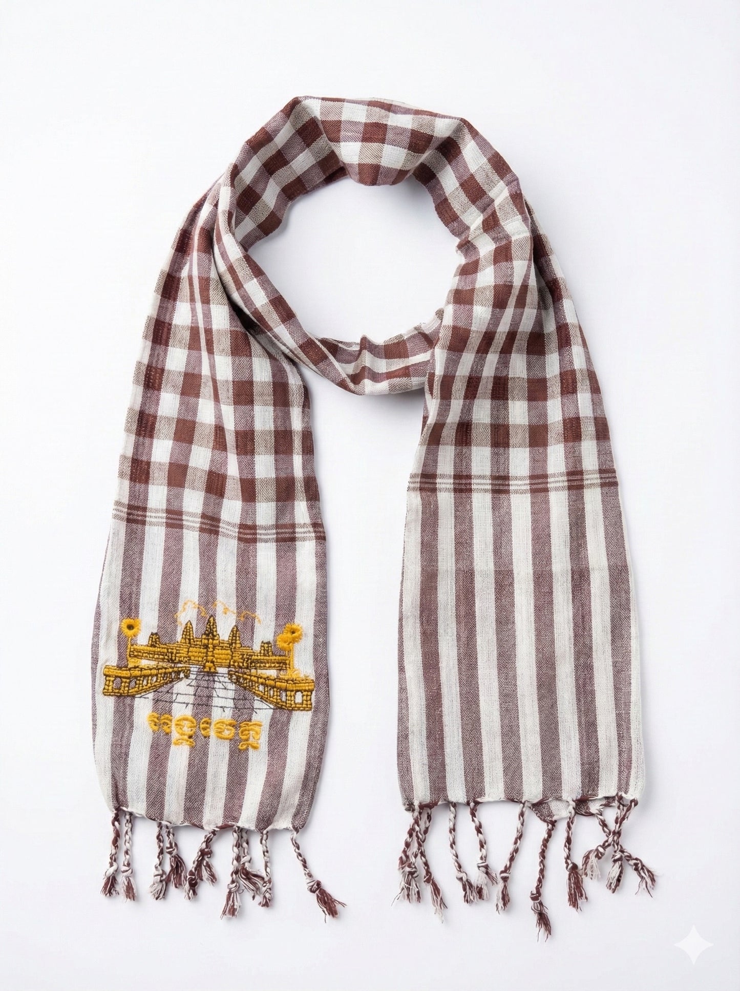 Cambodian Scarf Krama with Angkor Wat Embroidery