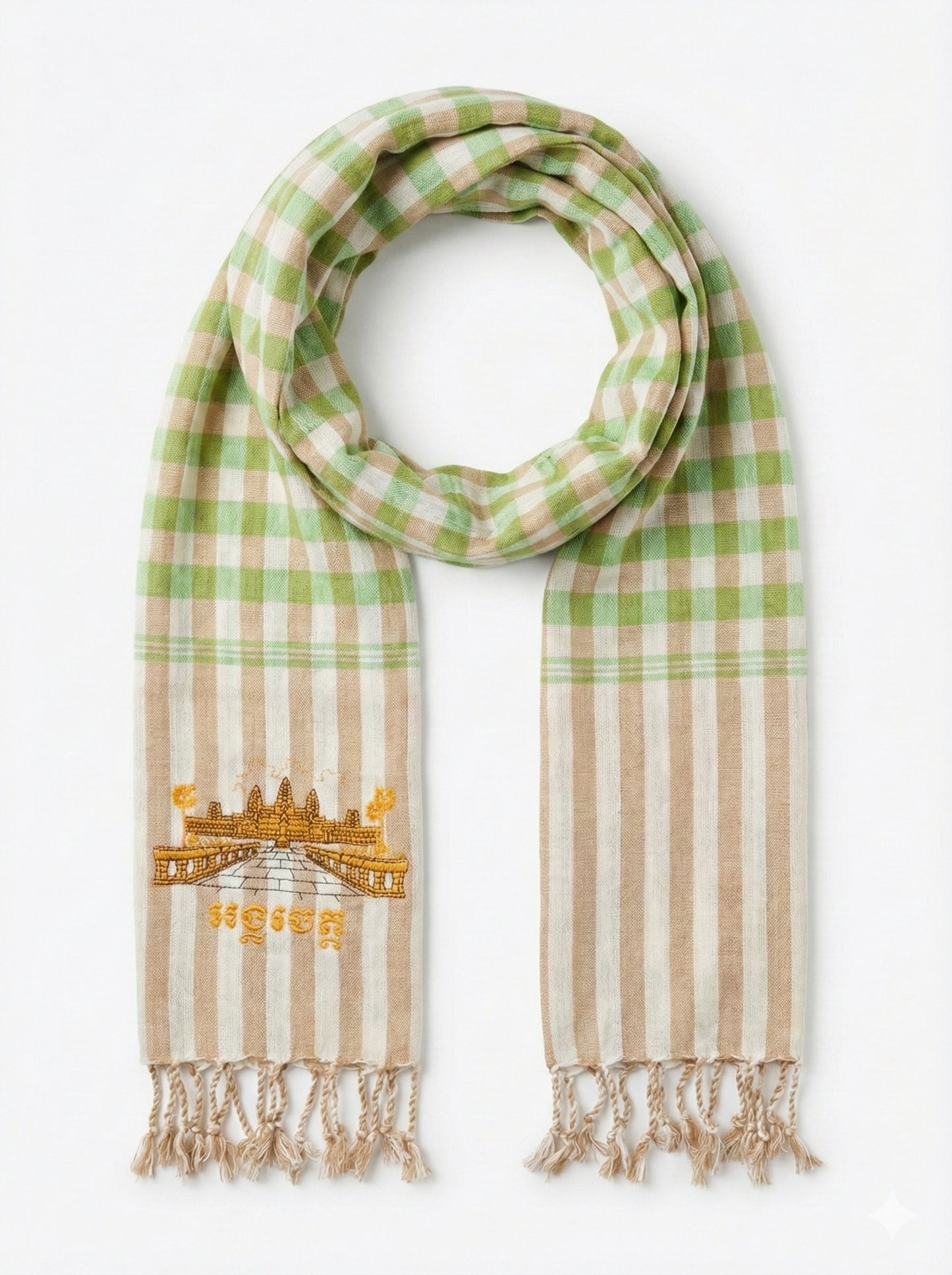 Cambodian Scarf Krama with Angkor Wat Embroidery