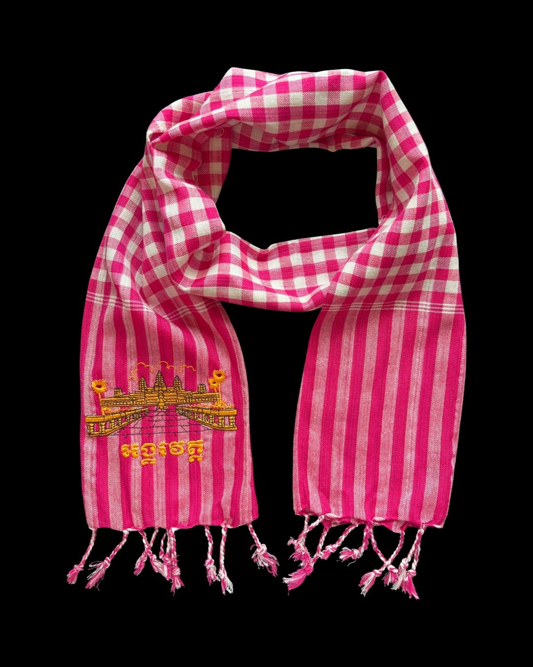 Cambodian Scarf Krama with Angkor Wat Embroidery