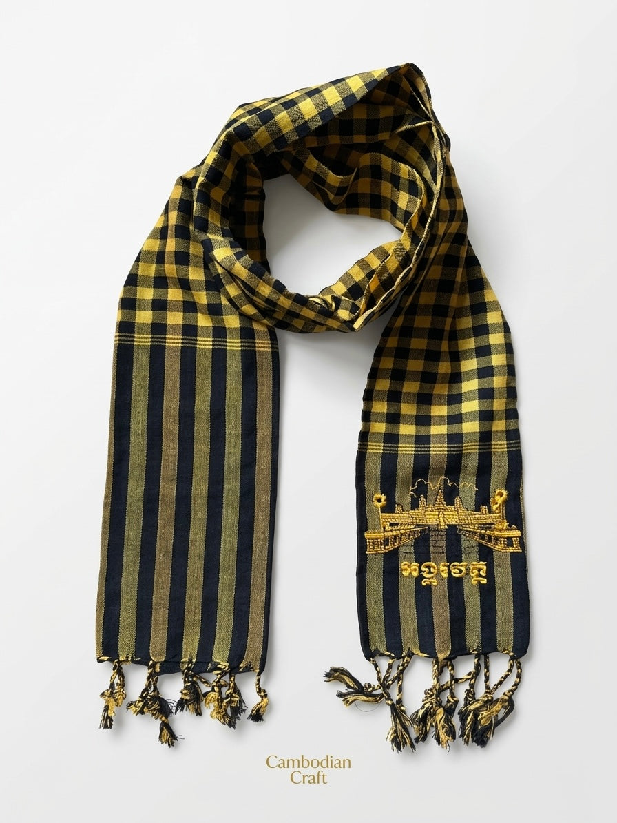 Cambodian Scarf Krama with Angkor Wat Embroidery