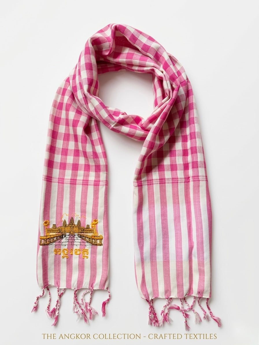 Cambodian Scarf Krama with Angkor Wat Embroidery