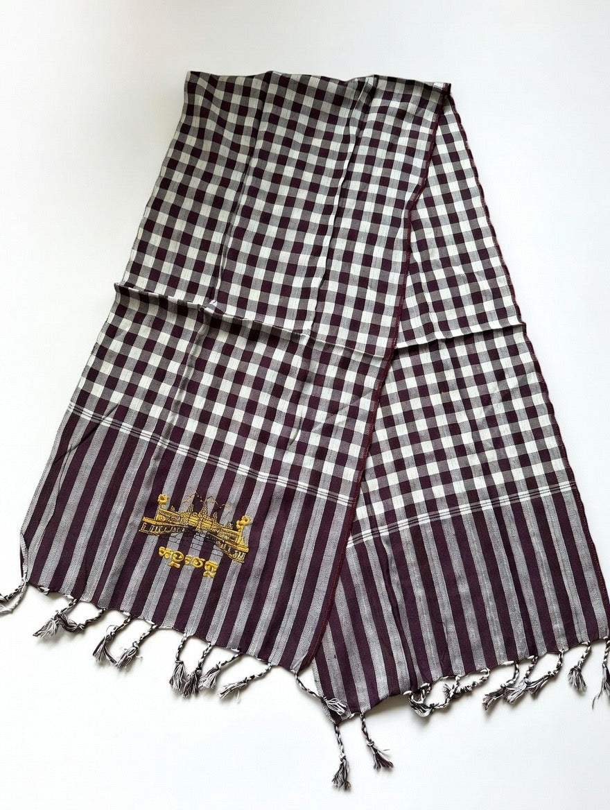 Cambodian Scarf Krama with Angkor Wat Embroidery