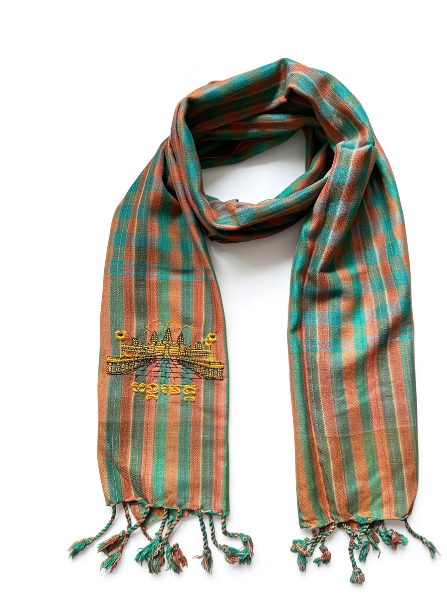 Cambodian Scarf Krama with Angkor Wat Embroidery