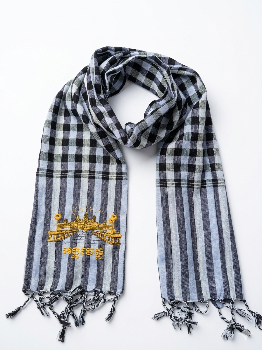 Cambodian Scarf Krama with Angkor Wat Embroidery