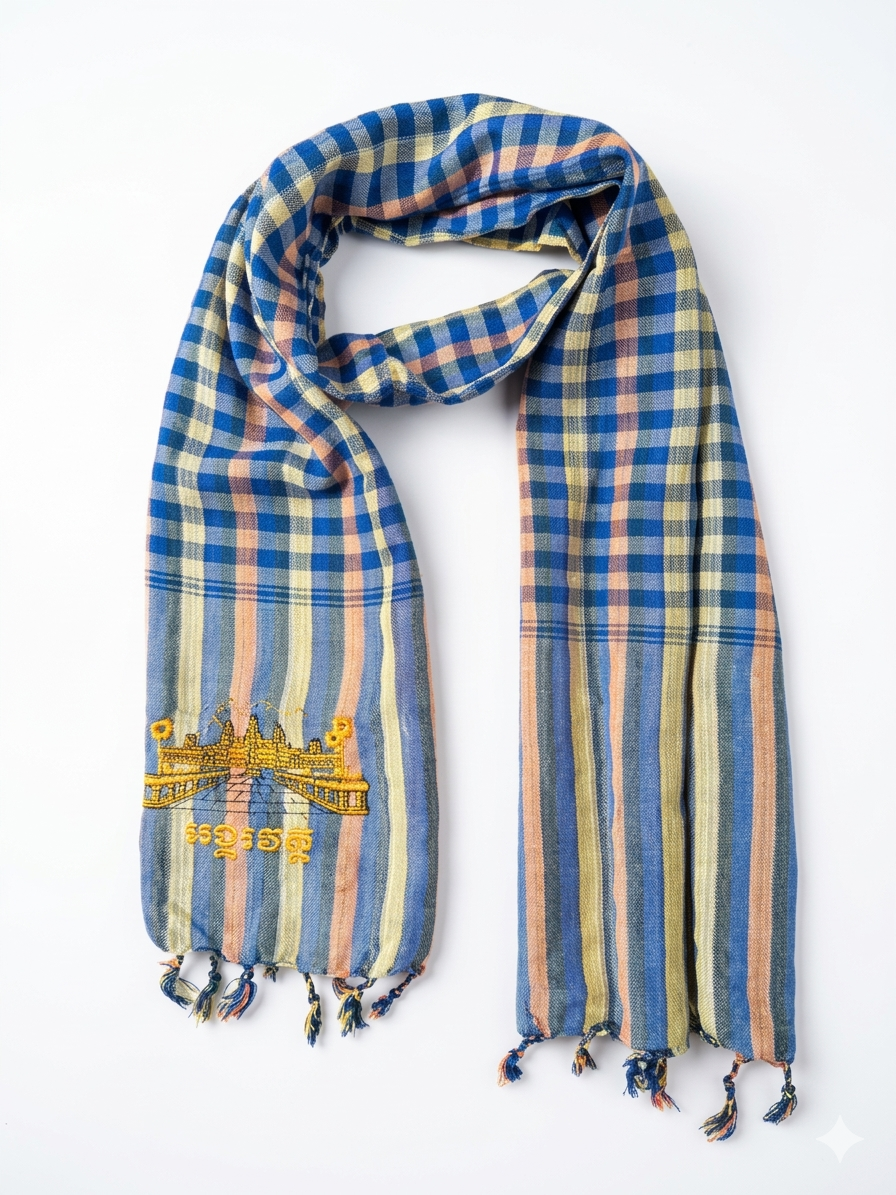 Cambodian Scarf Krama with Angkor Wat Embroidery