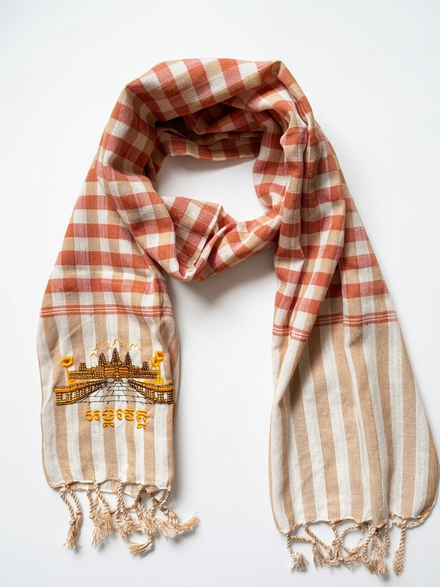 Cambodian Scarf Krama with Angkor Wat Embroidery